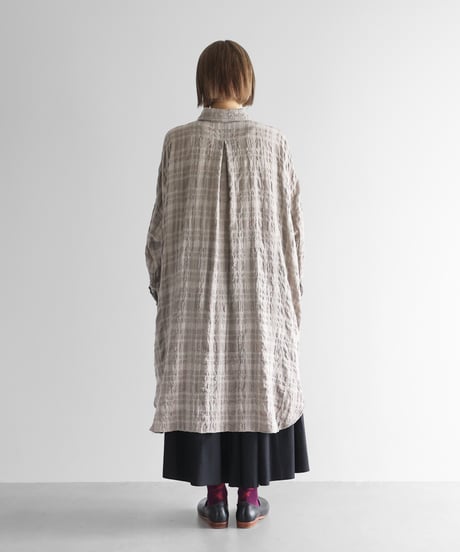 HUIS |“HUIS×尾州”縮絨綿ウールガーゼロングシャツ（ベージュチェック）【ユニセックス】016