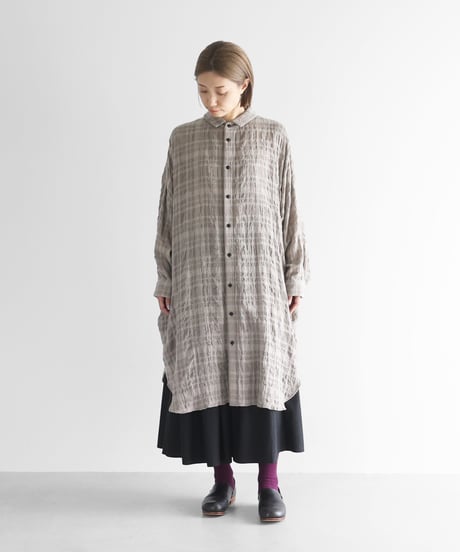 HUIS |“HUIS×尾州”縮絨綿ウールガーゼロングシャツ（ベージュチェック）【ユニセックス】016
