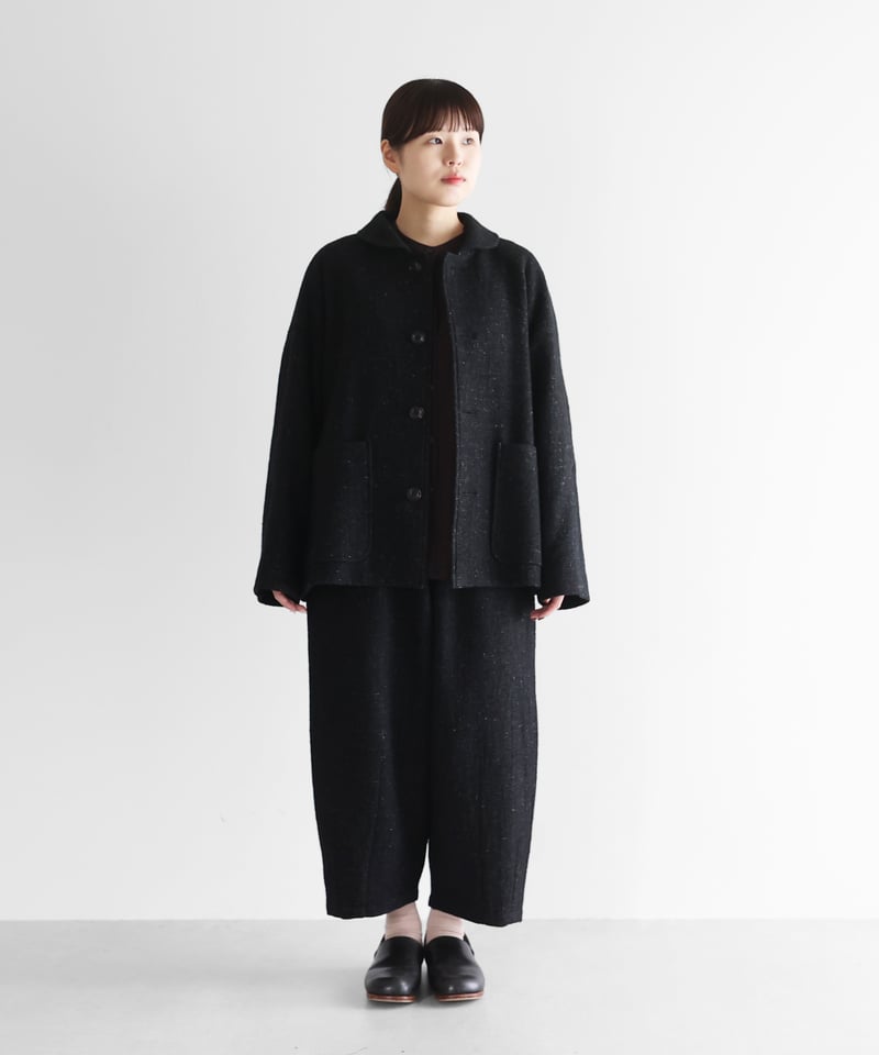 HUIS | “HUIS×尾州”縮絨リネンウールショートコート（ブラック）【ユニ