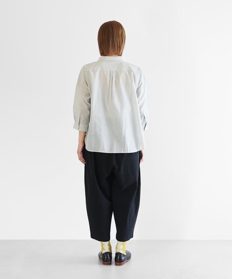 HUIS |【限定】8分袖なめらかコットンワイドブラウス（グリーンストライプ）【レディス】U108