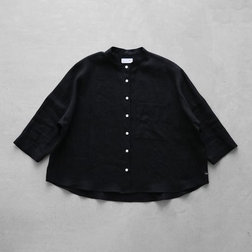 HUIS | 8分袖シャトルリネンバンドカラーブラウス（ブラック