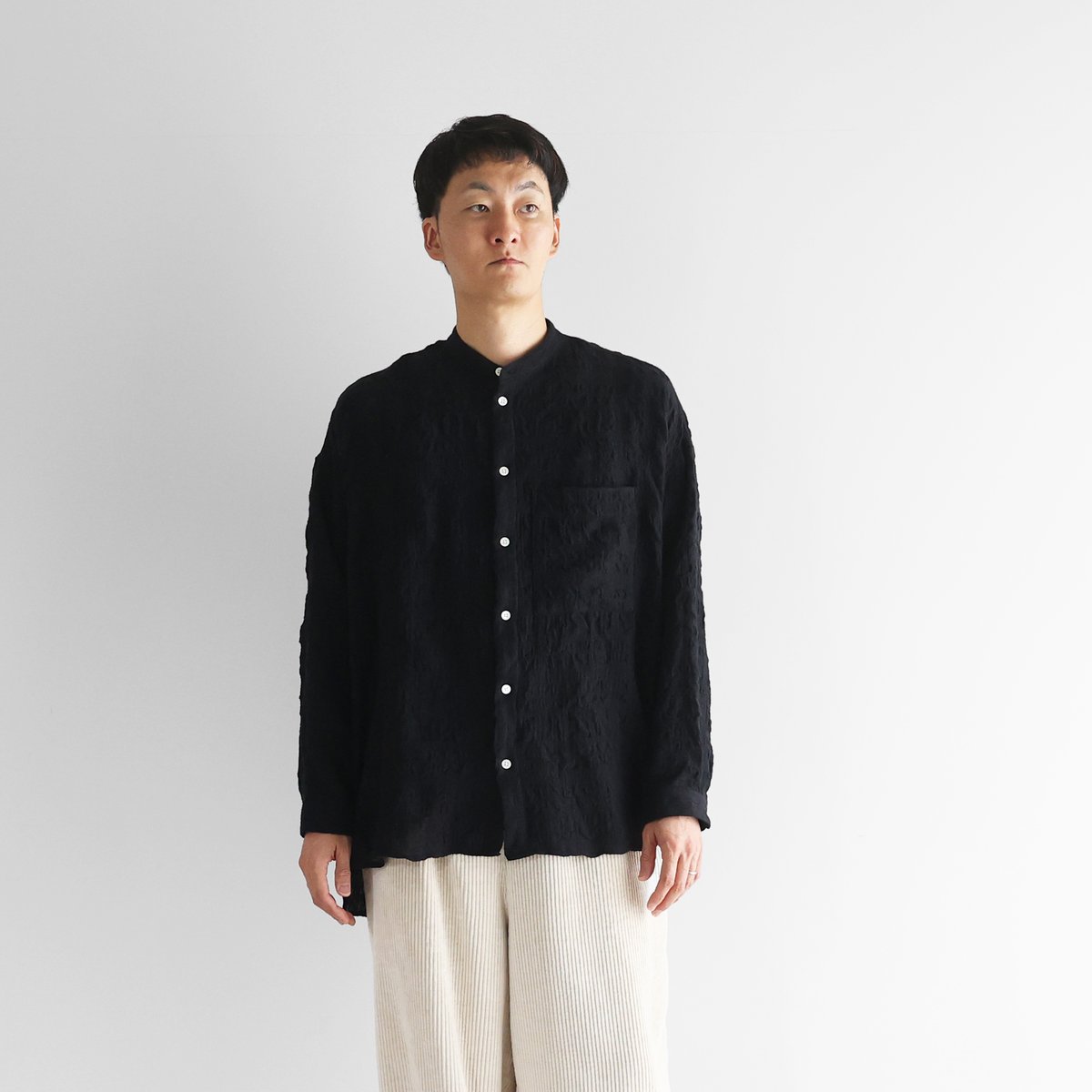 HUIS |“HUIS×尾州”縮絨綿ウールガーゼバンドカラーオーバーシャツ