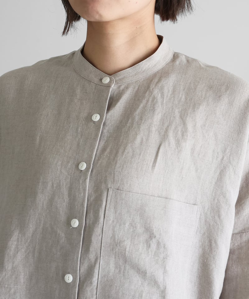 HUIS |8分袖オールドレピアリネンバンドカラーブラウス（きなり