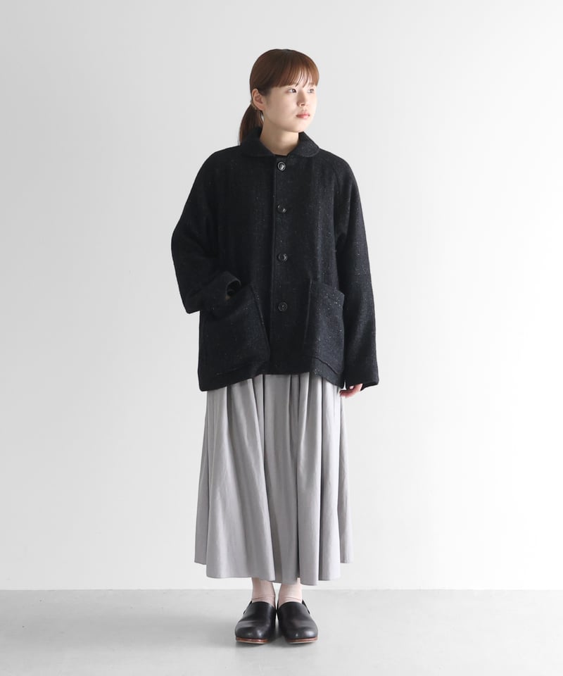 HUIS | “HUIS×尾州”縮絨リネンウールショートコート（ブラック）【ユニ