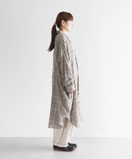 HUIS |“HUIS×尾州”縮絨綿ウールガーゼロングシャツ（ベージュチェック）【ユニセックス】016