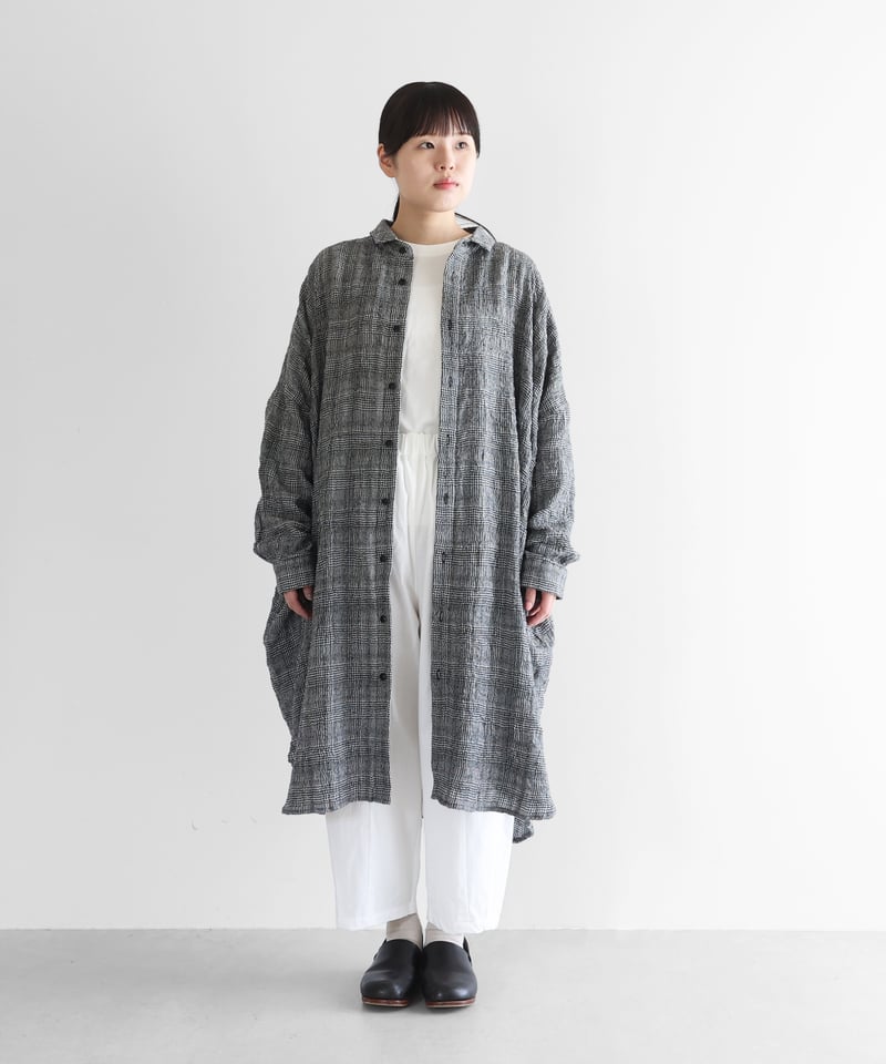 HUIS |“HUIS×尾州”縮絨綿ウールガーゼロングシャツ（グレンチェック