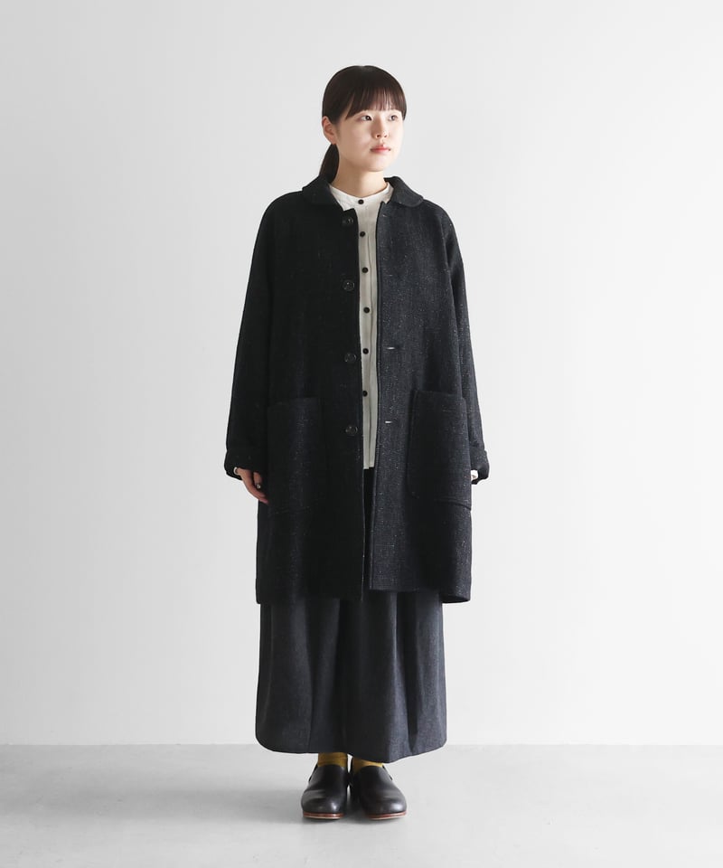 HUIS | “HUIS×尾州”縮絨リネンウールミドルコート （ブラック）【ユニ