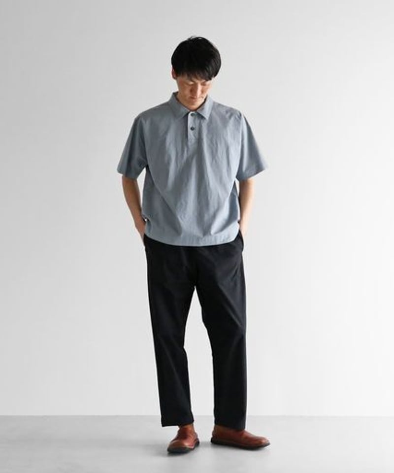 MHL. コットン バンドカラー プルオーバー　半袖 シャツ　グレー バンドカラーシャツ／半袖／ウォッシャブル／コットンリネン