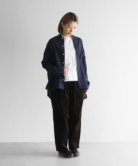 HUIS |ウォッシャブルウールバンドカラーオーバーシャツ（ネイビー）【ユニセックス】015
