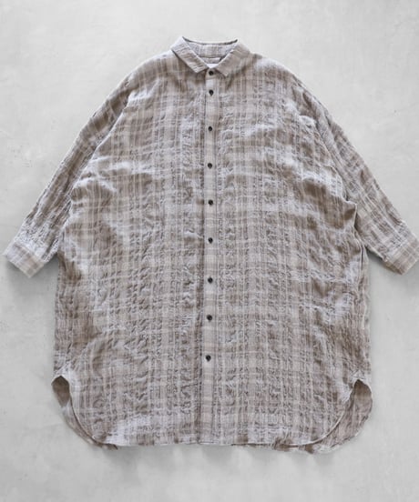 HUIS |“HUIS×尾州”縮絨綿ウールガーゼロングシャツ（ベージュチェック）【ユニセックス】016