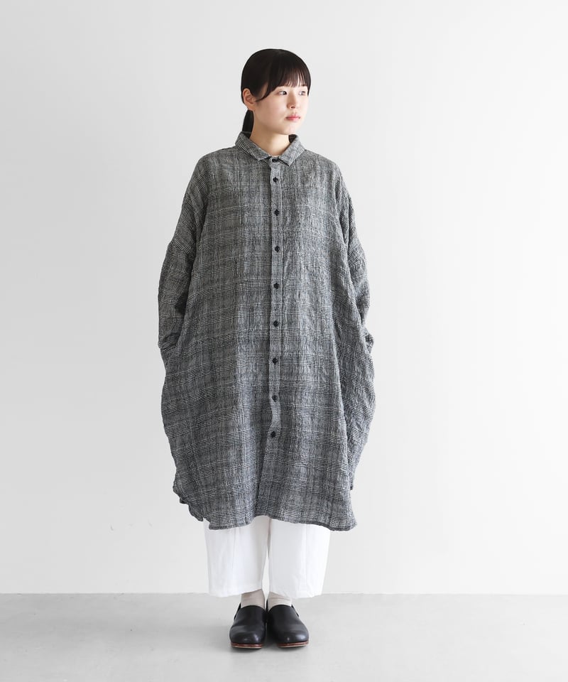 HUIS |“HUIS×尾州”縮絨綿ウールガーゼロングシャツ（グレンチェック