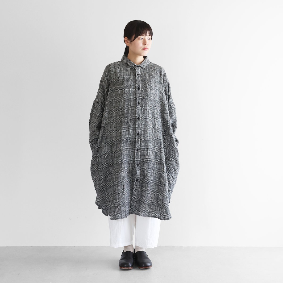 HUIS |“HUIS×尾州”縮絨綿ウールガーゼロングシャツ（グレンチェック
