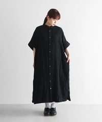 HUIS |柄二重シャトルジャガードライト（強撚）ショートスリーブロングシャツ（ブラック）【ユニセックス】014
