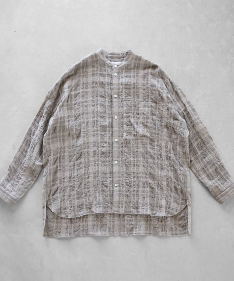 HUIS |“HUIS×尾州”縮絨綿ウールガーゼバンドカラーオーバーシャツ（ベージュチェック）【ユニセックス】015