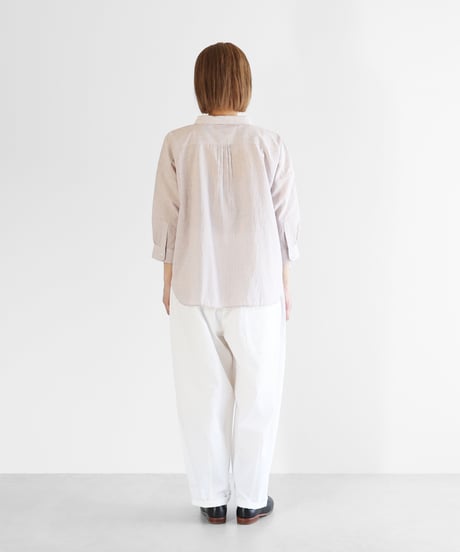 HUIS |【限定】8分袖なめらかコットンワイドブラウス（ワインレッドストライプ）【レディス】U108