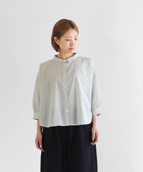HUIS |【限定】8分袖なめらかコットンワイドブラウス（グリーンストライプ）【レディス】U108