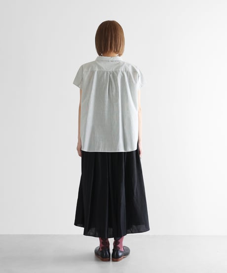 HUIS |なめらかコットンフレンチスリーブワイドブラウス（グリーンストライプ）【レディス】U103