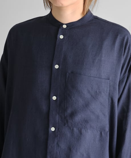 HUIS |ウォッシャブルウールバンドカラーオーバーシャツ（ネイビー）【ユニセックス】015