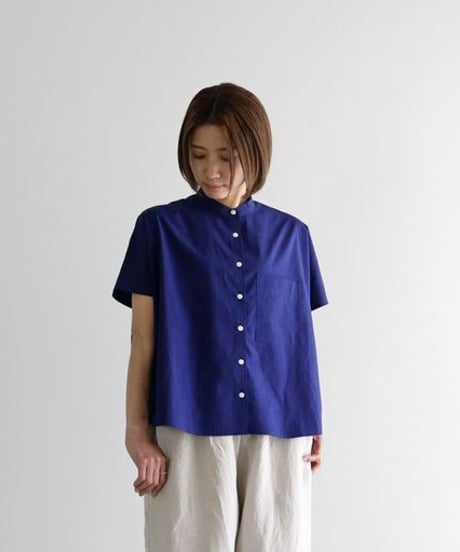 HUIS | オーガニックコットンバンドカラー半袖ワイドブラウス （フレンチネイビー）【レディス 】U110