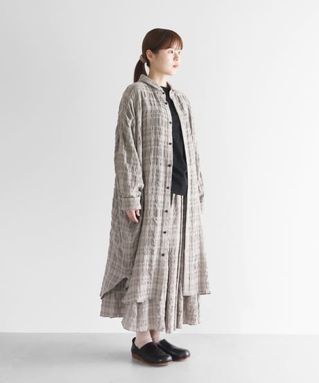 HUIS |“HUIS×尾州”縮絨綿ウールガーゼロングシャツ（ベージュチェック）【ユニセックス】016