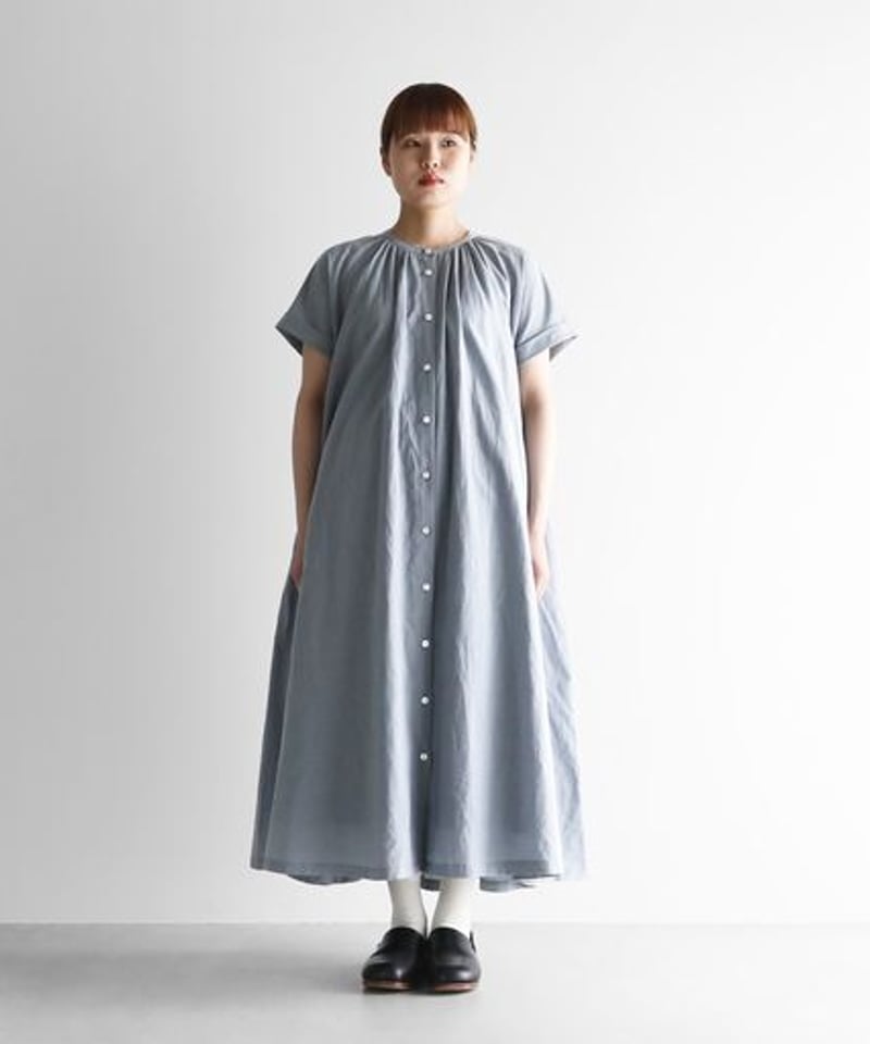 HUIS | コットンリネンフレンチスリーブワンピース（ブルー