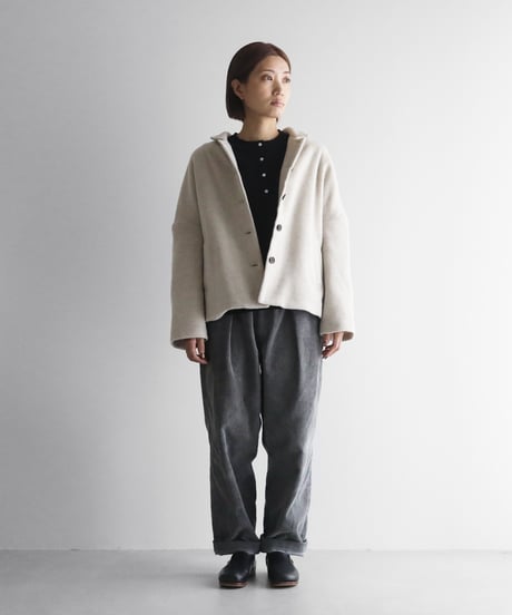 “HUIS×尾州”縮絨ウールフランネルワイドショートコート（グレージュ）【レディス】311