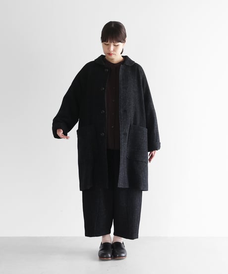 HUIS | “HUIS×尾州”縮絨リネンウールミドルコート （ブラック）【ユニセックス】316