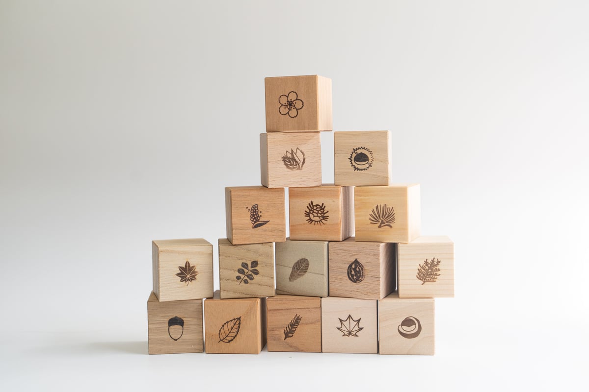 メープルとチェリーの積み木、オブジェ 45mm、16ピース　 木箱付き メープルとチェリーの積み木、オブジェ 45mm、16ピース 木箱付き