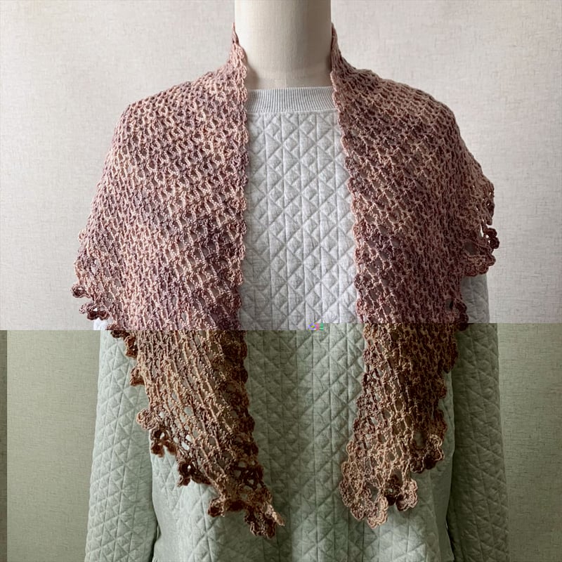 クラシカルフリルマフラー　模様編み　キャメル色　ハンドメイド　ショール 613SH co ごしょう産業株式会社｜Gosyo - アルル中細 フリルショール マフラー・スヌード
