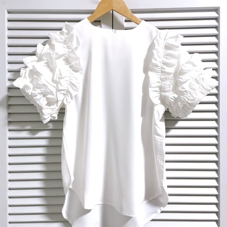 再入荷★ゴージャスフリル袖の半袖トップス ホワイト