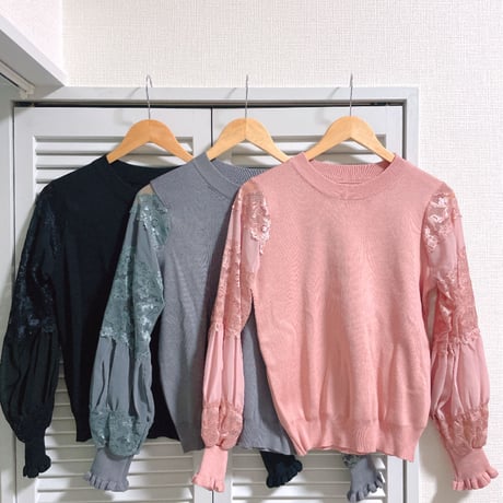 袖シフォン＆レースのニット ブラック