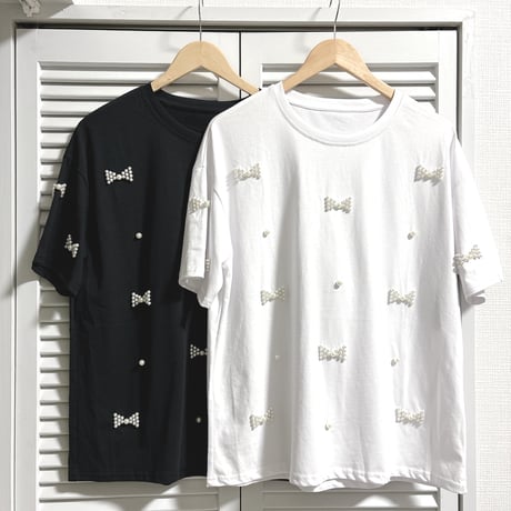 パールリボンのゆったりTシャツ ブラック