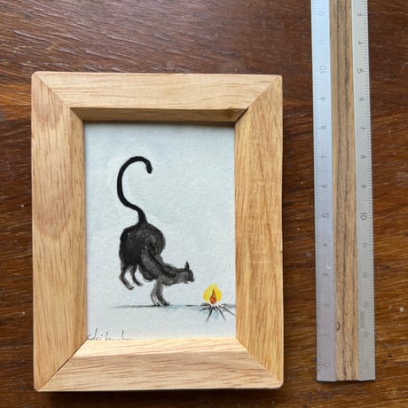 水彩ミニ原画「黒猫と焚火」