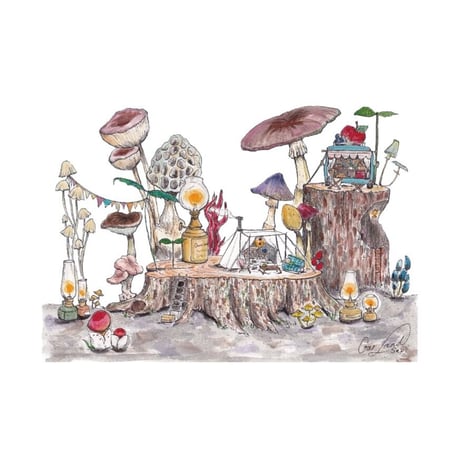 ポストカード「キノコの森のキャンプサイト〜 Mushroom Forest Campsite」