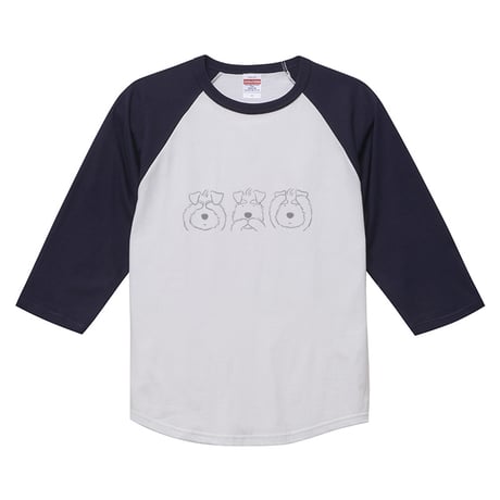 シュナＴ（7分袖）●3シュナ（ラグラン３／4スリーブＴシャツ）（ホワイトxネイビー） 見シュナ言わシュナ聞かシュナ　オリジナルデザイン