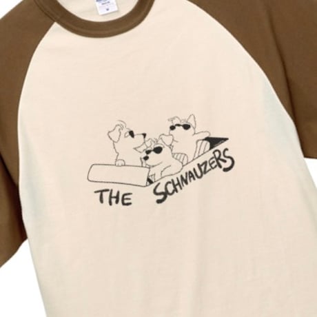 シュナＴ●ザ・シュナウザーズ（ラグランＴシャツ）（ベージュxダークキャメル） シュナの3ピースバンド　オリジナルデザイン