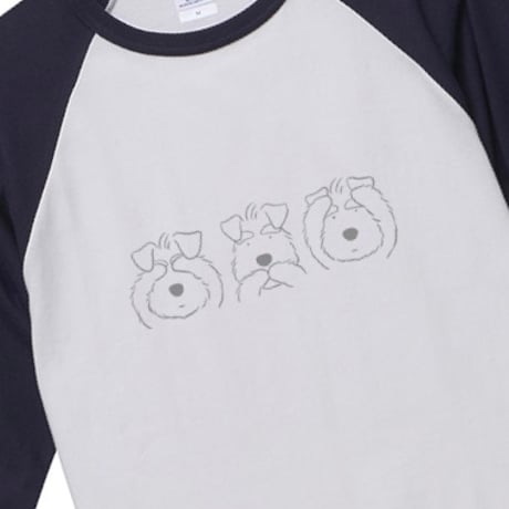 シュナＴ（7分袖）●3シュナ（ラグラン３／4スリーブＴシャツ）（ホワイトxネイビー） 見シュナ言わシュナ聞かシュナ　オリジナルデザイン