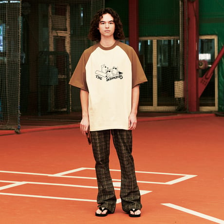 シュナＴ●ザ・シュナウザーズ（ラグランＴシャツ）（ベージュxダークキャメル） シュナの3ピースバンド　オリジナルデザイン