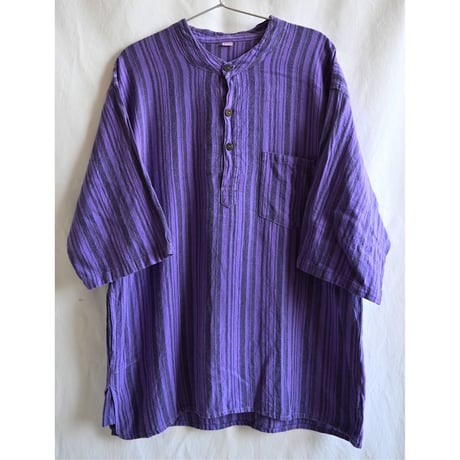 【70's vintage / made in Nepal 】no color henley neck s/s shirt -XL / purple stripe- (jt-233-4b)