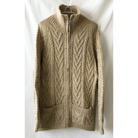 【70's vintage/Ireland made】"An Irish Traditional" wool zip up aran cardigan -M/khaki-(om-2212-9c)