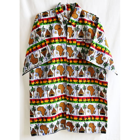 【80's vintage/african batik】"GARANTI VERITABLE" whole pattern s/s shirt -XL / rasta - (om-237-2-13)