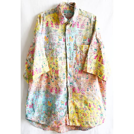【80's germany vintage】"TOM TAILOR" afro whole pattern tie-dye s/s shirts -xl- (om-234-23)