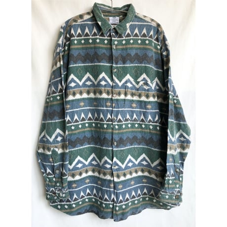 【80's belgium vintage /C&A】native Geometric pattern flannel shirts  -XL / blue × green- (jt-223-14d)