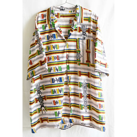 【80's vintage / africa handmede】"ndebele tribe" whole pattern s/s shirt - XL / white- (om-234-8b)