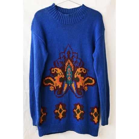【70's euro vintage / handmade】geometric pattern cotton knit sweater -M / blue- (jt-2412-1b)