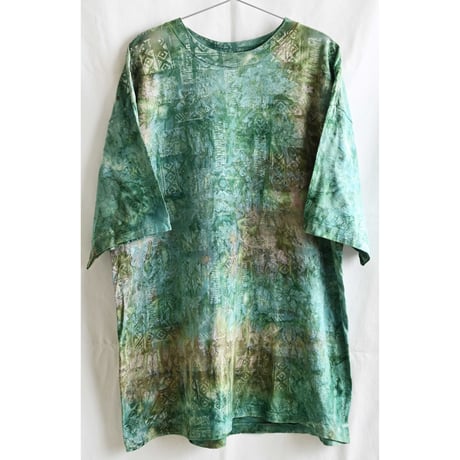 【80's USA vintage】tie dye & batik whole pattern art T-shirts -XL / green × khaki- (p-237-10d)