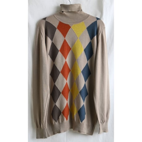 【vintage / made in England】"JOHN SMEDLEY" merino wool argyle turtleneck knit sweater -M / beige-