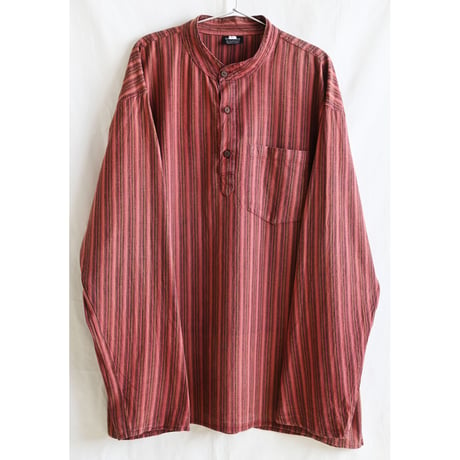【70's Nepal vintage / Mc Ron】no color pullover henley neck shirt -XL / brick stripe- (jt-239-1d)
