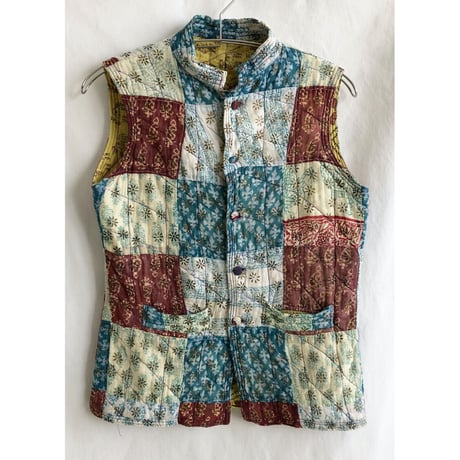 【70's vintage / india handmade】block print patchwork quilting vest  -lady's size-  (OM-2112-1a)