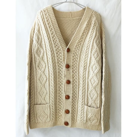 【70's vintage / Ireland hand made】aran wool V-neck cardigan -XL /natural- (p-2211-3f)